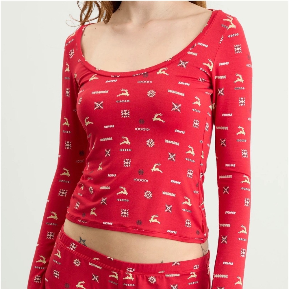 SKIMS Holiday Cotton Long Sleeve Scoop‎ Neck Top Red Fair Isle Reindeer Small